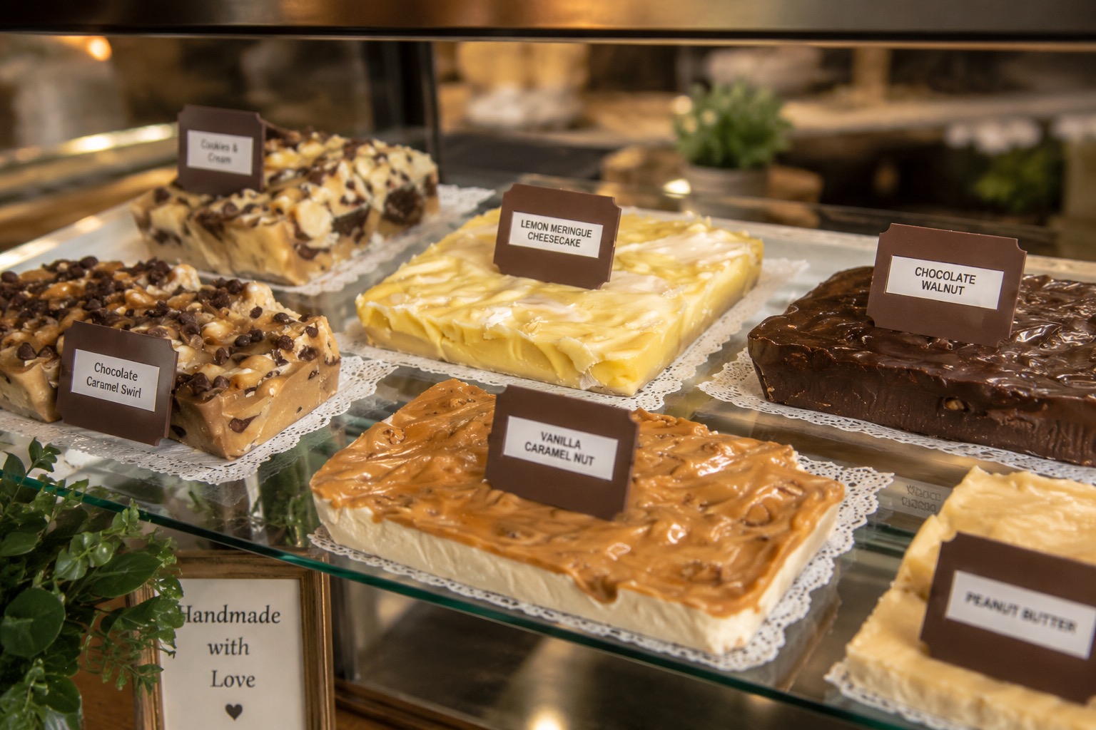 Display case with homemade fudge flavors